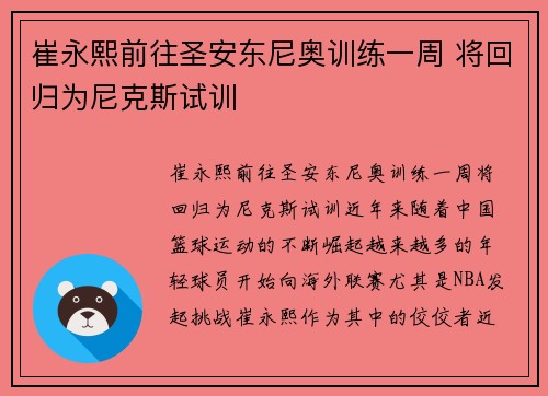 崔永熙前往圣安东尼奥训练一周 将回归为尼克斯试训