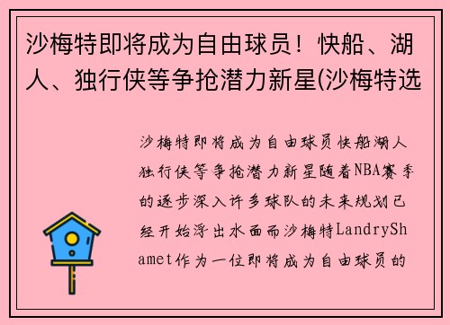 沙梅特即将成为自由球员！快船、湖人、独行侠等争抢潜力新星(沙梅特选秀)