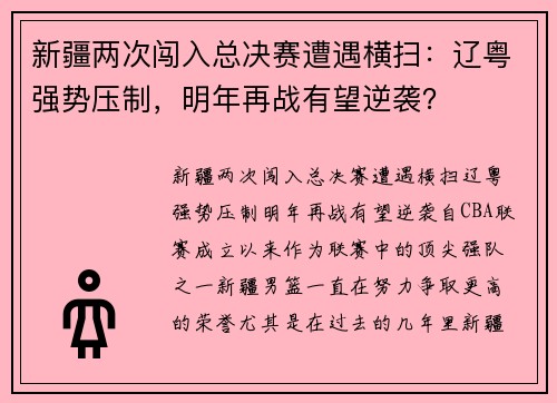新疆两次闯入总决赛遭遇横扫：辽粤强势压制，明年再战有望逆袭？
