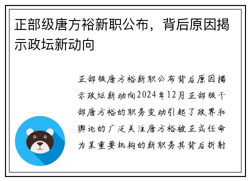 正部级唐方裕新职公布，背后原因揭示政坛新动向