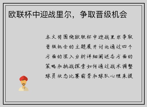 欧联杯中迎战里尔，争取晋级机会