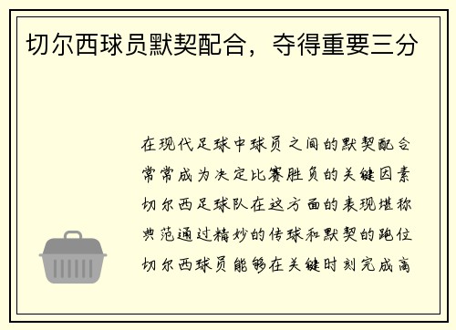 切尔西球员默契配合，夺得重要三分