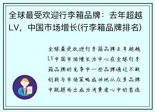 全球最受欢迎行李箱品牌：去年超越LV，中国市场增长(行李箱品牌排名)
